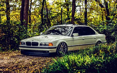 4k, BMW 7 Series, offroad, lowriders, 1998 cars, e38, tuning, White BMW 7 series, 1998 BMW 7 series, BMW E38, german cars, BMW