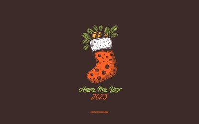 4k, yeni yılınız kutlu olsun 2023, noel çorabı ile arka plan, 2023 kavramları, 2023 yeni yılınız kutlu olsun, noel çorap kroki, 2023 minimal sanat, noel çorabı, kahverengi zemin, 2023 tebrik kartı, 2023 noel çorabı arka planı