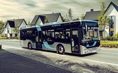 Iveco Crossway LE Hybrid, 4k, street, 2022 buses, white bus, passenger transport, 2022 Iveco Crossway, HDR, passenger buses, Iveco