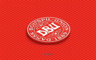 4k, isometrisches logo der dänischen fußballnationalmannschaft, 3d kunst, isometrische kunst, dänische fußballnationalmannschaft, roter hintergrund, dänemark, fußball, isometrisches emblem