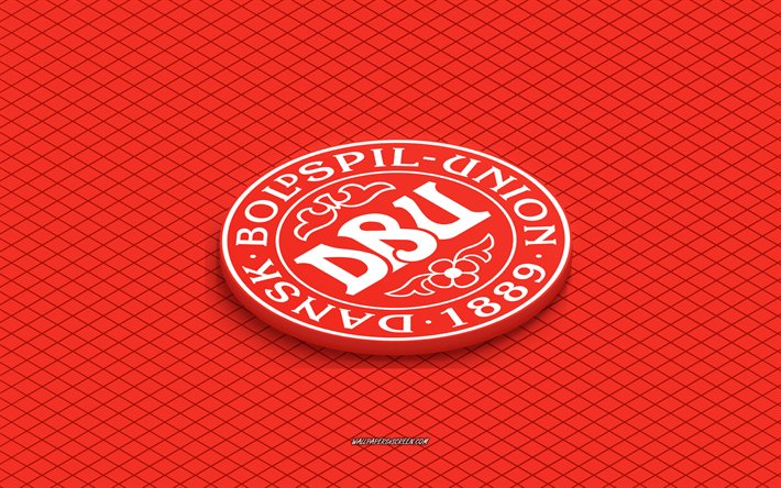 4k, danmarks fotbollslandslags isometriska logotyp, 3d konst, isometrisk konst, danmarks fotbollslandslag, röd bakgrund, danmark, fotboll, isometriskt emblem