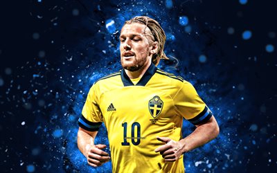 emilio forsberg, 4k, 2022, selección de fútbol de suecia, fútbol, futbolistas, luces de neón azul, selección sueca de fútbol, emil forsberg 4k