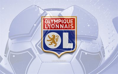 Olympique Lyonnais glossy logo, 4K, blue football background, Ligue 1, soccer, french football club, Olympique Lyonnais 3D logo, Olympique Lyonnais emblem, Lyon FC, football, sports logo, Olympique Lyonnais