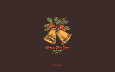 4k, Happy New Year 2023, background with Christmas bells, 2023 concepts, 2023 Happy New Year, Christmas bells sketch, 2023 minimal art, Christmas bells, brown background, 2023 greeting card, 2023 Christmas bells background