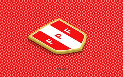 4k, logotipo isométrico de la selección de fútbol de perú, arte 3d, arte isometrico, selección de fútbol de perú, fondo rojo, perú, fútbol, emblema isométrico