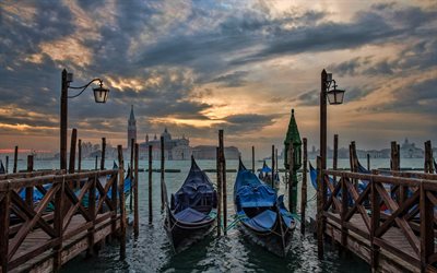 venecia, barcos, góndolas, mañana, amanecer, basílica, san marcos, paisaje de venecia, italia