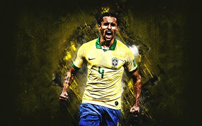 marquinhos, selección de fútbol de brasil, retrato, fondo de piedra amarilla, futbolista brasileño, brasil, fútbol, marcos aoas correa