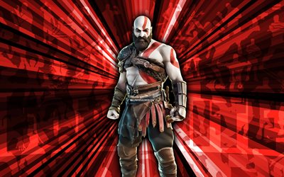 4k, Kratos Fortnite, red rays background, Kratos Skin, abstract art, Fortnite Kratos Skin, Fortnite characters, Kratos, Fortnite, creative art