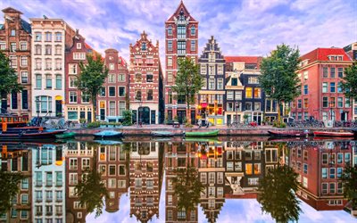 हेरेंग्राचट नहर, 4k, तटबंध, रंगीन भवन, पानी की नहरें, एम्स्टर्डम, नीदरलैंड, यूरोप, डच शहर, एम्स्टर्डम सिटीस्केप