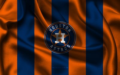 4k, logo astros de houston, tissu de soie bleu orange, équipe américaine de base ball, emblème des astros de houston, mlb, astros de houston, etats unis, base ball, drapeau des astros de houston, ligue majeure de baseball