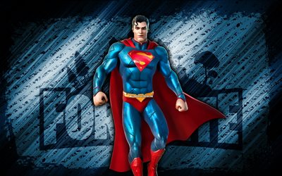 슈퍼맨 포트나이트, 4k, 파란색 대각선 배경, 그런지 아트, 포트나이트, 삽화, 슈퍼맨 스킨, 포트나이트 캐릭터, 슈퍼맨, 포트나이트 슈퍼맨 스킨