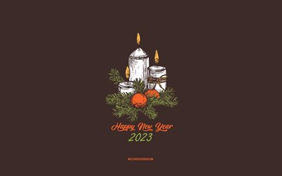 4k, Happy New Year 2023, background with Christmas candles, 2023 concepts, 2023 Happy New Year, Christmas candles sketch, 2023 minimal art, Christmas candles, brown background, 2023 greeting card, 2023 Christmas candles background
