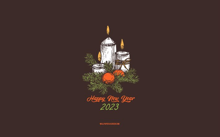 4k, 새해 복 많이 받으세요 2023, 크리스마스 촛불 배경, 2023년 컨셉, 2023 새해 복 많이 받으세요, 크리스마스 촛불 스케치, 2023 미니멀 아트, 크리스마스 양초, 갈색 배경, 2023 인사말 카드, 2023 크리스마스 양초 배경