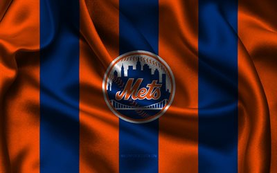 4k, logotipo de los mets de nueva york, tela de seda azul naranja, equipo de beisbol americano, emblema de los mets de nueva york, mlb, mets de nueva york, eeuu, béisbol, bandera de los mets de nueva york, liga mayor de béisbol