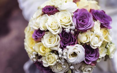 bouquet da sposa bianco viola, 4k, bouquet da sposa, bouquet di rose viola, concetti di matrimonio, sfondo bouquet da sposa, sfondo di invito a nozze, rose
