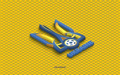 4k, ukrainas fotbollslandslags isometriska logotyp, 3d konst, isometrisk konst, ukrainas fotbollslandslag, gul bakgrund, ukraina, fotboll, isometriskt emblem