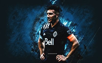 Lucas Cavallini, Vancouver Whitecaps FC, portrait, canadian footballer, MLS, blue stone background, USA, football