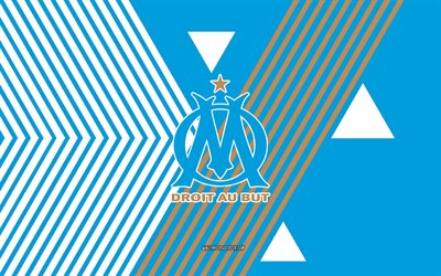 olympique de marseille  logo, 4k, ranskan jalkapallojoukkue, taustalla sinisiä valkoisia viivoja, olympique de marseille, ligue 1, ranska, viivapiirros, olympique de marseillen tunnus, jalkapallo, marseille