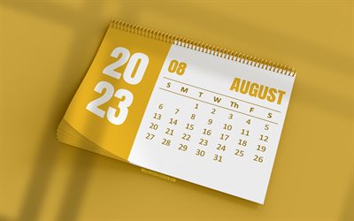2023年8月カレンダー, 4k, 黄色い卓上カレンダー, 3d アート, 黄色の背景, 8月, 2023年カレンダー, 夏カレンダー, 2023年営業8月カレンダー, 2023年卓上カレンダー