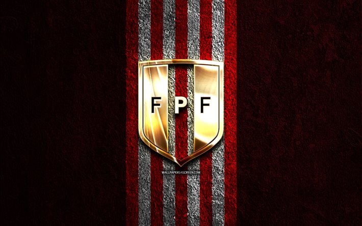 goldenes logo der peruanischen fußballnationalmannschaft, 4k, roter steinhintergrund, conmebol, nationalmannschaften, logo der peruanischen fußballnationalmannschaft, fußball, peruanische fußballmannschaft, peruanische fußballnationalmannschaft