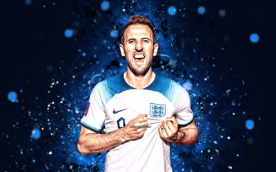 harry kane, 4k, blå neonljus, englands fotbollslandslag, fotboll, fotbollsspelare, blå abstrakt bakgrund, engelska fotbollslaget, harry kane 4k