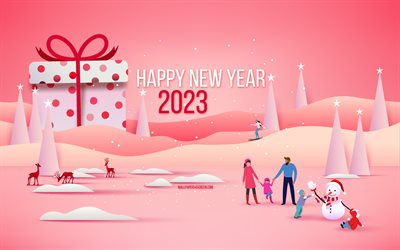 felice anno nuovo 2023, 4k, sfondo rosa 2023, paesaggio invernale isometrico, 2023 felice anno nuovo 2023, cartone animato paesaggio invernale, 2023 concetti, modello 2023, biglietto d'auguri 2023