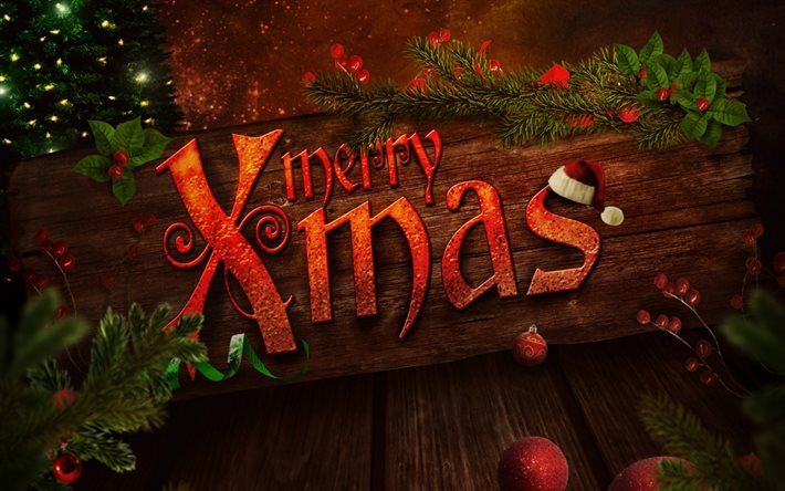 Merry Xmas, wooden background, Merry Christmas, New Year