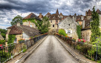 France, bridge, old houses, road, HDR, Carnac