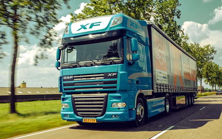 daf xf105 510 슈퍼 스페이스 캡, 4k, 도로, 2011 트럭, lkw, 화물 운송, hdr, 2021 daf xf, 블루 daf xf, 트럭, daf