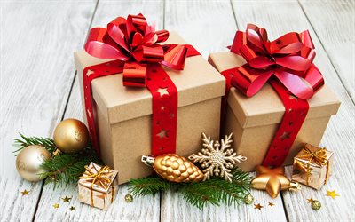 4k, kahverengi hediye kutuları, kapatmak, kırmızı yaylar, yeni yılın kutlu olsun, noel süsleri, noel, hediye kutuları çerçeveleri, noel hediyeleri, hediye kutuları, hediyeler