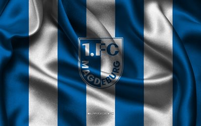 4k, 1 fc magdeburg  logo, sininen valkoinen silkkikangas, saksan jalkapallomaajoukkue, 1 fc magdeburg  tunnus, 2 bundesliiga, 1 fc magdeburg, saksa, jalkapallo, 1 fc magdeburg lippu