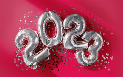 Happy New Year 2023, pink background, 2023 silvery balloons, 2023 background with balloons, 2023 Happy New Year, 2023 concepts, 2023 template