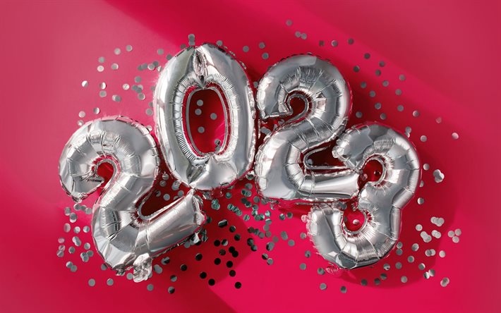 frohes neues jahr 2023, rosa hintergrund, 2023 silberne luftballons, 2023 hintergrund mit luftballons, 2023 frohes neues jahr, 2023 konzepte, vorlage 2023