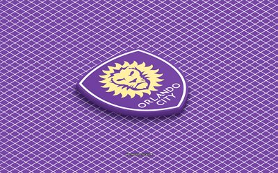 4k, Orlando City SC isometric logo, 3d art, American soccer club, isometric art, Orlando City SC, purple background, MLS, USA, soccer, isometric emblem, Orlando City SC logo