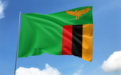 旗竿にザンビアの旗, 4k, アフリカ諸国, 青空, ザンビアの国旗, 波状のサテンの旗, ザンビアの旗, ザンビアの国のシンボル, フラグ付きの旗竿, ザンビアの日, アフリカ, ザンビア