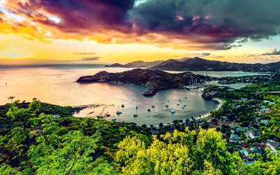 English Harbor, Antigua, Caribbean Sea, evening, sunset, bay, yachts, tropical islands, summer holidays, Antigua and Barbuda