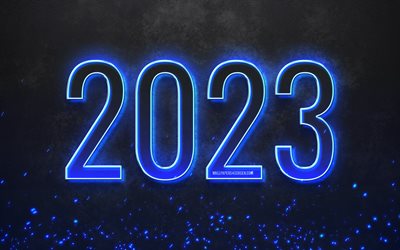 明けましておめでとうございます 2023, 4k, ダークブルーのネオンライト, 灰色の石の背景, 2023年のコンセプト, 2023年明けましておめでとうございます, ネオンアート, クリエイティブ, 2023 石の背景, 2023年, 2023 ダークブルーの数字