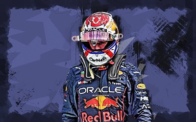 4k, Max Verstappen, grunge art, Formula One, Red Bull Racing, Formula 1, F1, Max Verstappen Red Bull Racing, blue grunge background, dutch racing drivers, Max Verstappen 4K