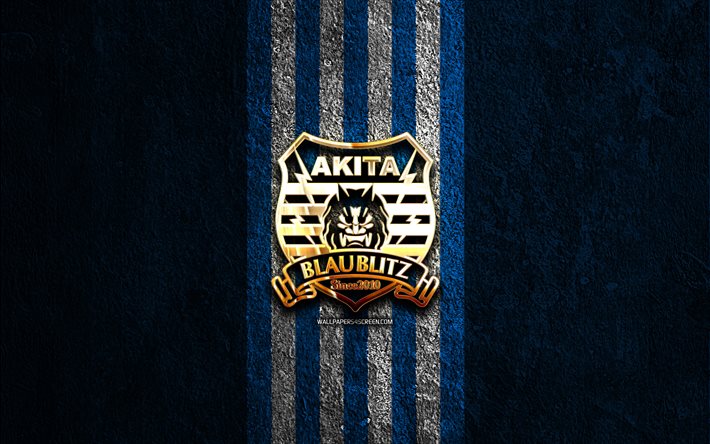 logotipo dorado de blaublitz akita, 4k, fondo de piedra azul, liga j2, club de fútbol japonés, logotipo de blaublitz akita, fútbol, emblema blaublitz akita, blaublitz akita, blaublitz akita fc
