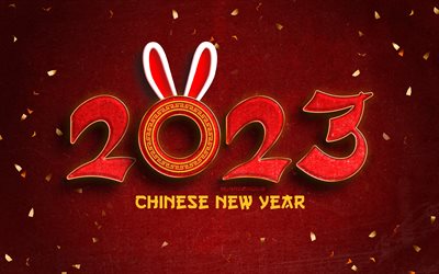 Chinese New Year 2023, 4k, rabbit ears, red 3D digits, Year of the Rabbit 2023, Year of the Rabbit, 2023 red digits, rabbit icon, 2023 concepts, 2023 Happy New Year, Water Rabbit, Happy New Year 2023, creative, 2023 red background, 2023 year