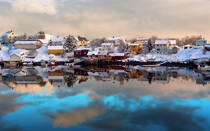 winter, lake, house, reflections, Lofoten, Norway