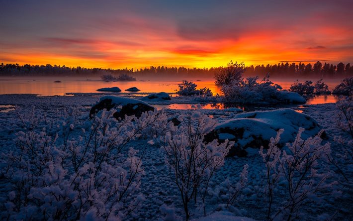 puesta de sol, invierno, lago, nieve