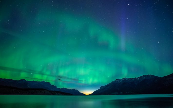 Canada, Abraham Lake, mountains, northern lights, night, Alberta