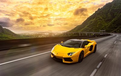 Lamborghini Aventador, 2016, la carretera, la velocidad, el coche de los deportes, amarillo