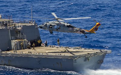 sikorsky mh-60s, seahawk, helicóptero de combate, mar, pouso no convés, navio de guerra, marinha dos eua