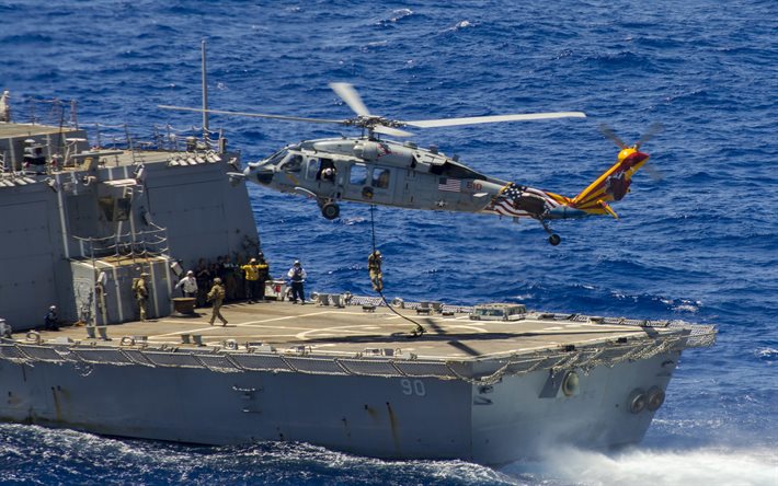 sikorsky mh-60s, seahawk, 戦闘ヘリコプター, 海, 着陸船, 軍艦, 米海軍