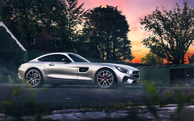 supercars, coucher de soleil, 2016, la Mercedes-AMG GT, Mercedes argent