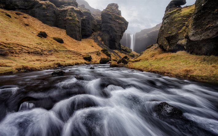 islândia, rio, rochas, cachoeira
