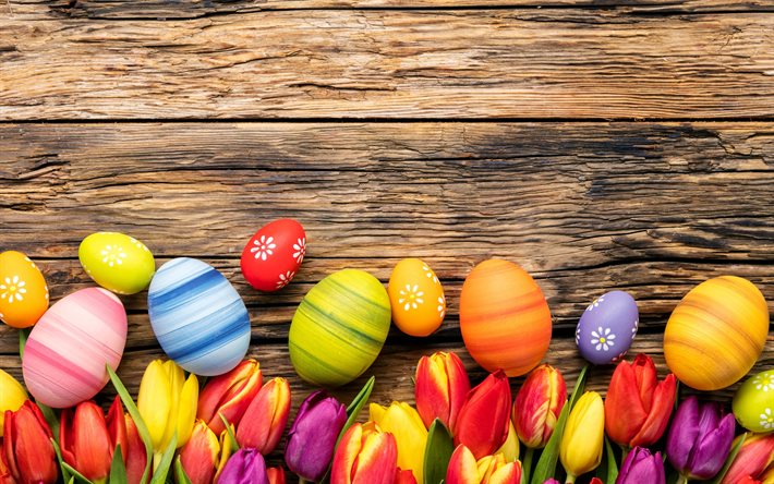 Easter, wood, colorful eggs, spring, tulips