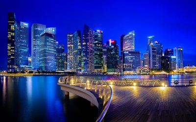 고층 빌딩, 밤, 타워스, 싱가포르